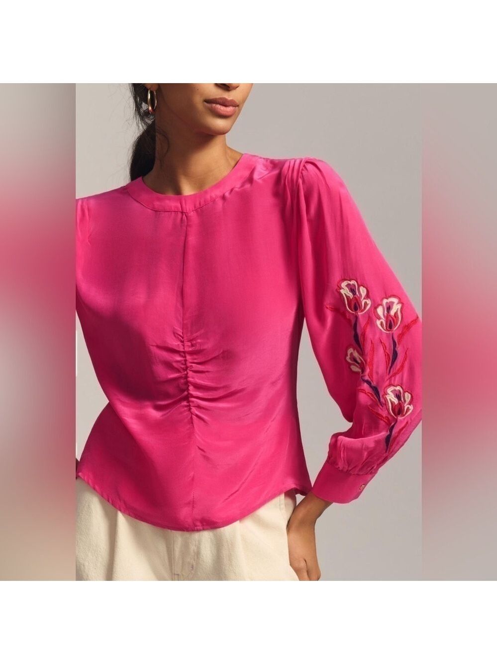 Anthropologie Scotch & Soda Ruched Barbiecore Pink Embroidered BoHo Blouse Top 4